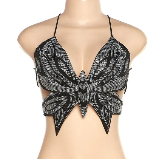 Butterfly Backless Rhinestone Halter Tank