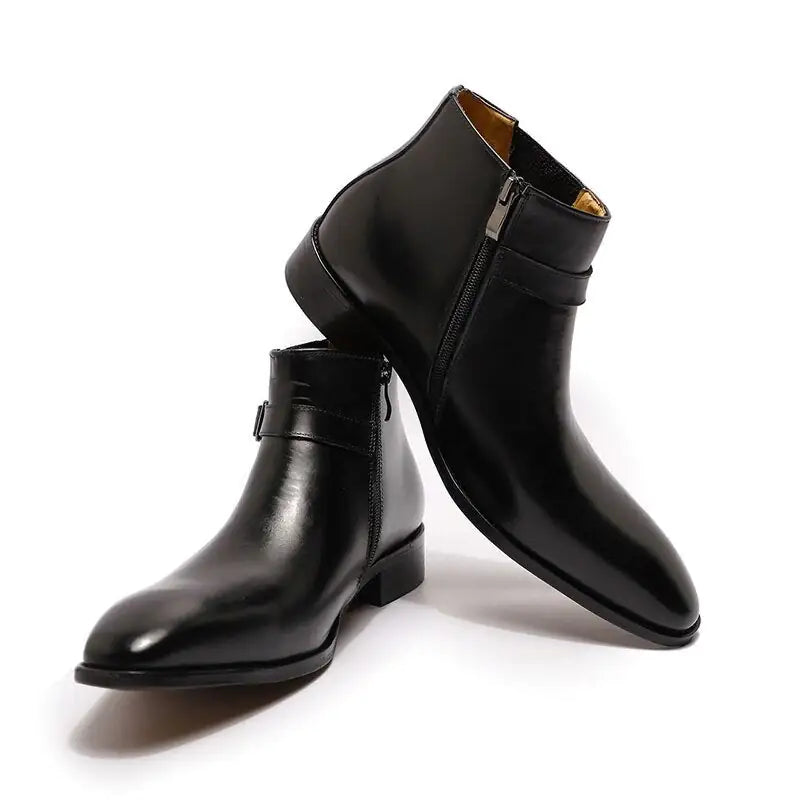 Men's Italian Leather Dress Boots With Zipper & Buckle